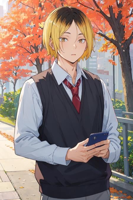 1boy, (masterpiece, top quality, best quality), upper body, <lora:kenmav2:0.9>, blonde hair, black hair, multicolored hair, forehead, school uniform, sweater vest, blue blazer, backpack, holding smartphone, solo, outside, park, walking, blue sky, sakura trees, male focus, 8k, negative_hand-neg