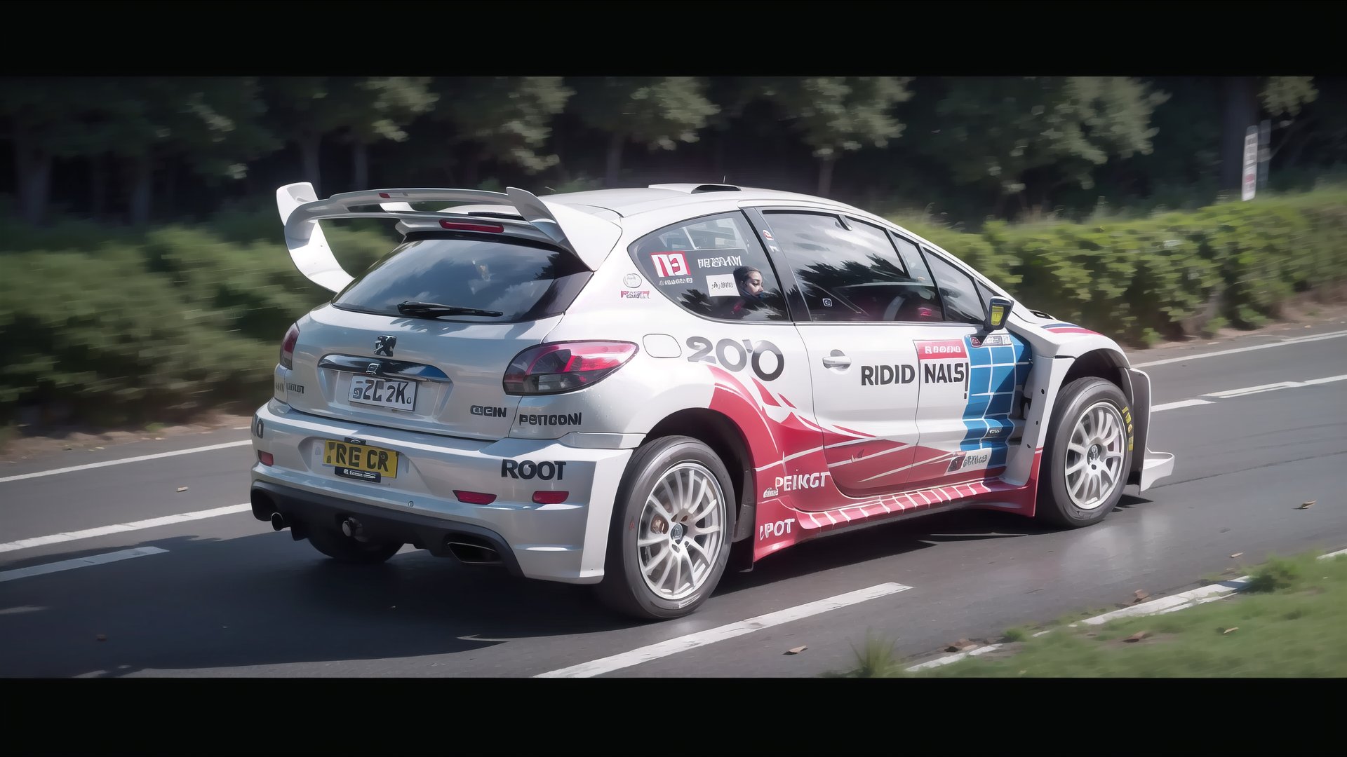 HD,  4K,  masterpiece,  best quality,  photography,  realistic,  realism,  photorealism,  206,  WRC,  Peugeot,  car,  silver,  speeding,  running,  motion,  night,  red,  blue,  black,<lora:EMS-259268-EMS:0.600000>