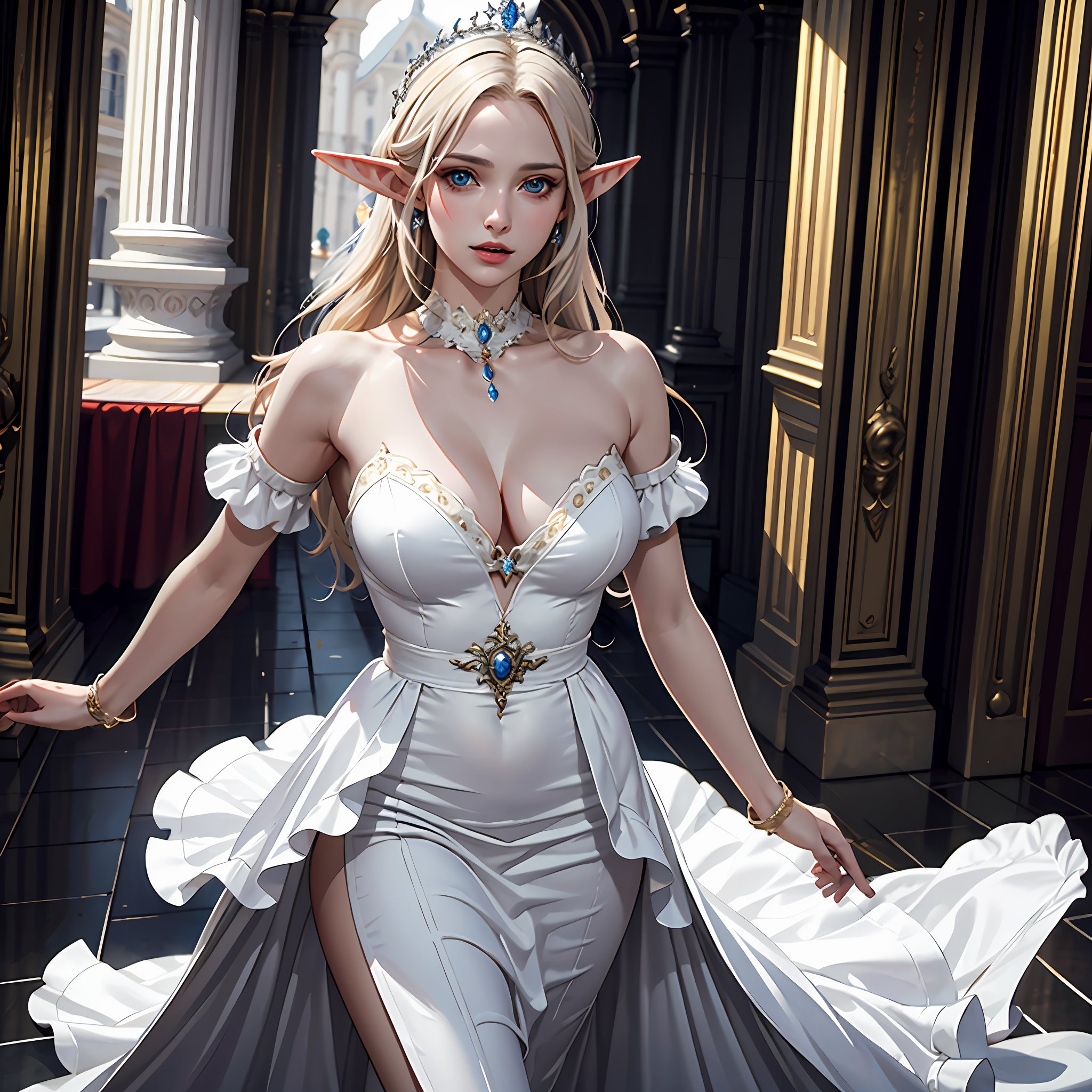 (best quality, masterpiece:1.2),ultra detailed,(photo realistic:1.4),white ruffle dress,royal palace,elven_princess,multi_effects