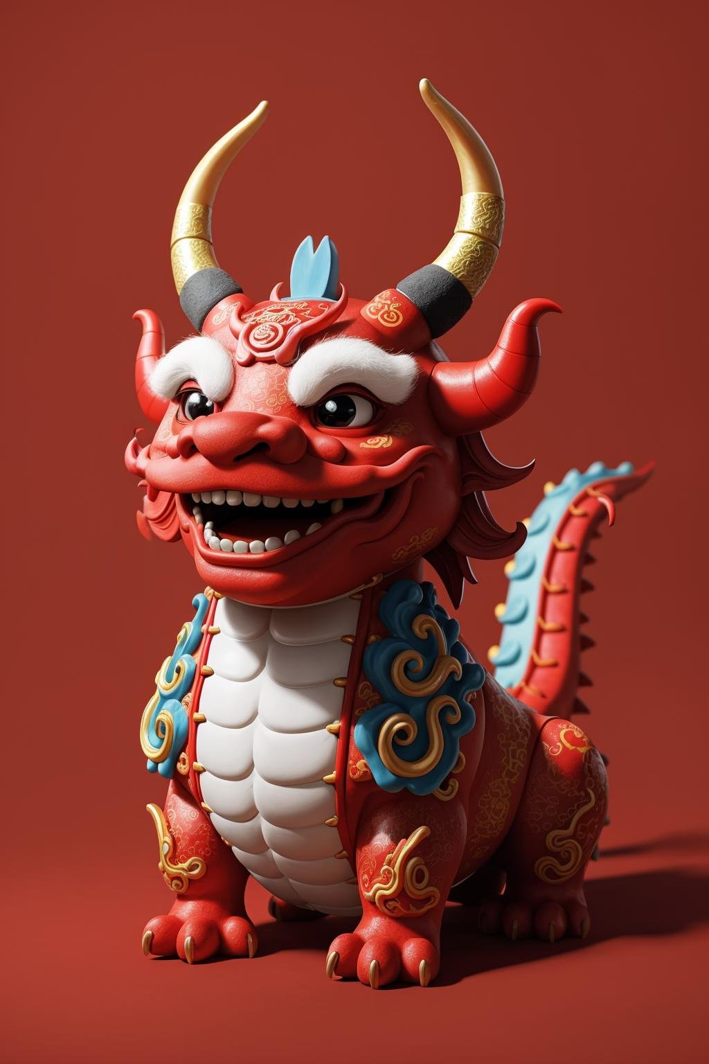 Masterpiece,top-notch quality,zhongguolong,eastern dragon,chibi,Chinese New Year,Hdri,looking towards the camera,smile,no humans,full body,Dragon Horn,Red Background,Auspicious Clouds,blender,<lora:Dragon 龙年新春:0.2>,