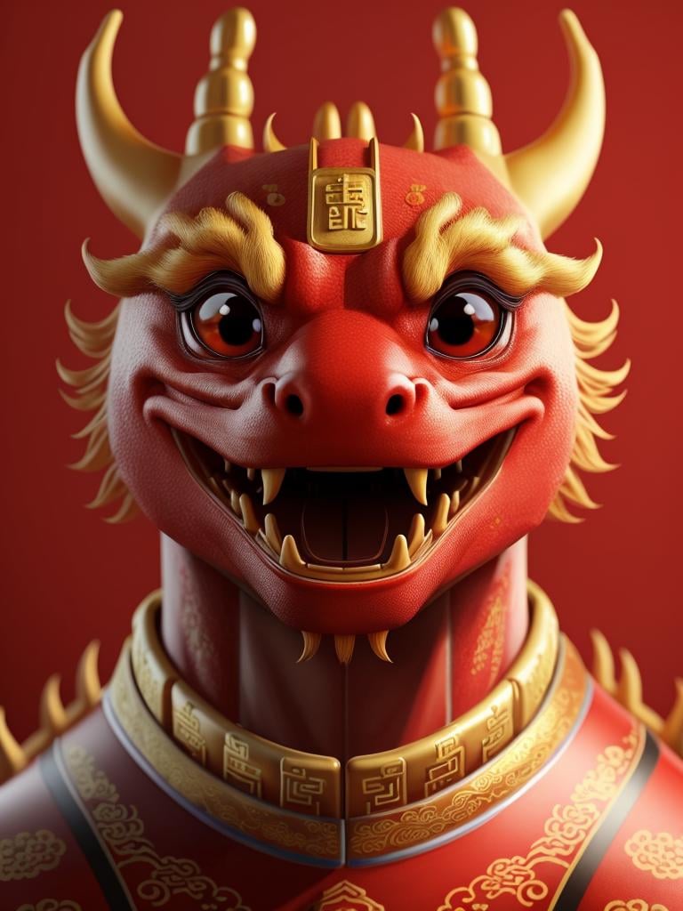 Masterpiece,top-notch quality,zhongguolong,eastern dragon,Chinese New Year,Hdri,((looking towards the camera)),Golden Dragon Horn,dragon,teeth,blurry,no humans,realistic,Gilded cloud pattern background,red background,<lora:Dragon 龙年新春:0.2>,