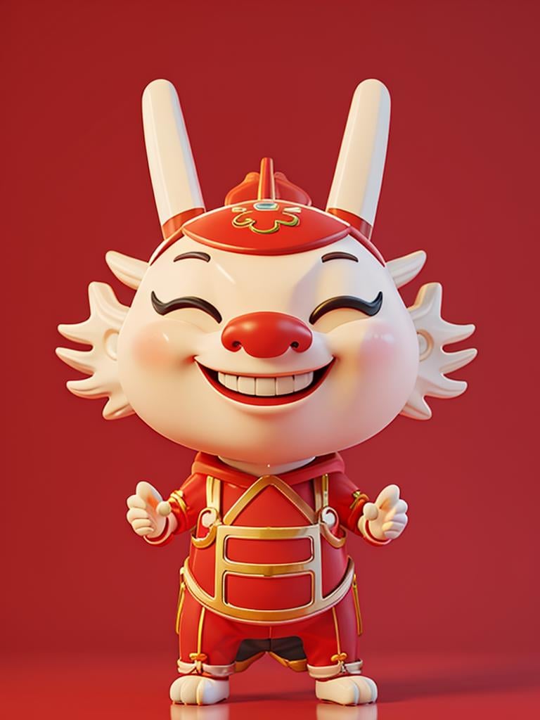 Masterpiece,top-notch quality,zhongguolong,eastern dragon,chibi,Hdri,looking towards the camera,1boy,solo,Long red hair,Chinese New Year,Blind Box Art,smile,Red background,<lora:Dragon 龙年新春:0.6>,