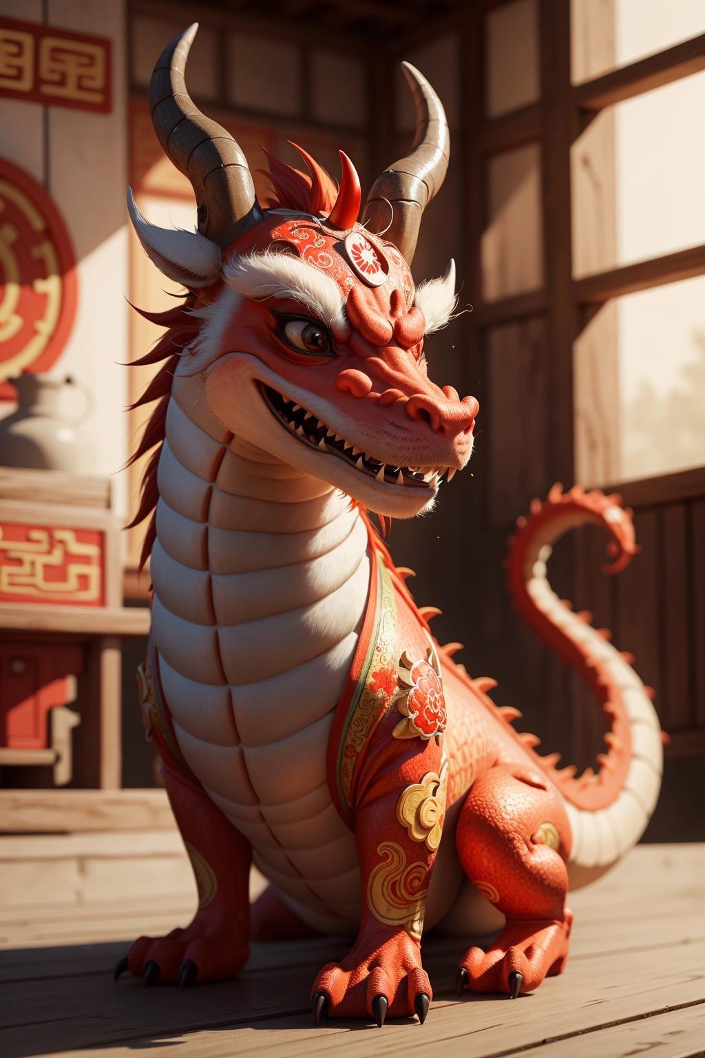 Masterpiece,top-notch quality,zhongguolong,eastern dragon,chibi,Chinese New Year,Hdri,looking towards the camera,dragon,teeth,blurry,no humans,realistic,blurry background,<lora:Dragon 龙年新春:0.2>,