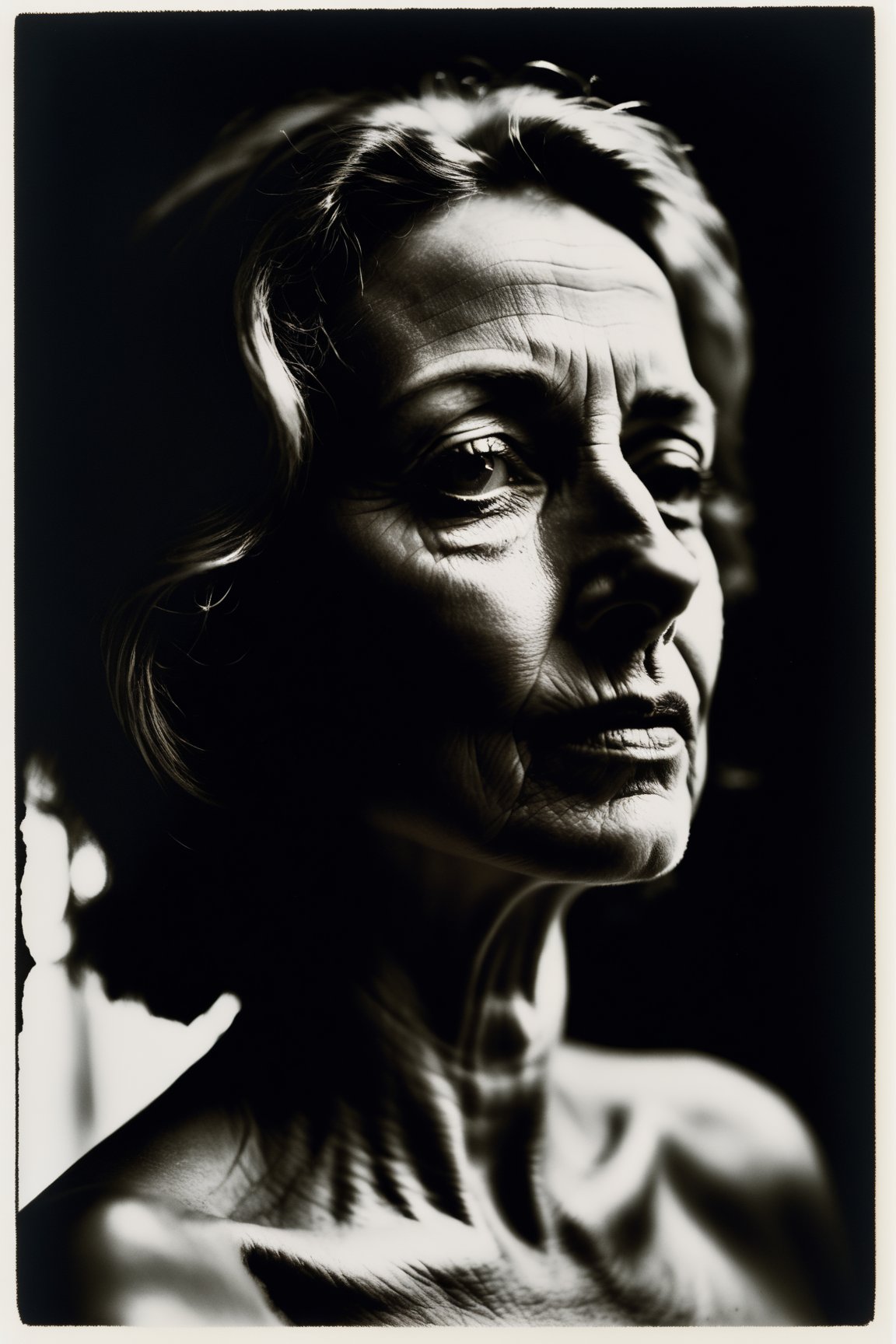 Naked Spanish 50-year-old woman,  pronounced nose,  face in shadow on Tensor.Art