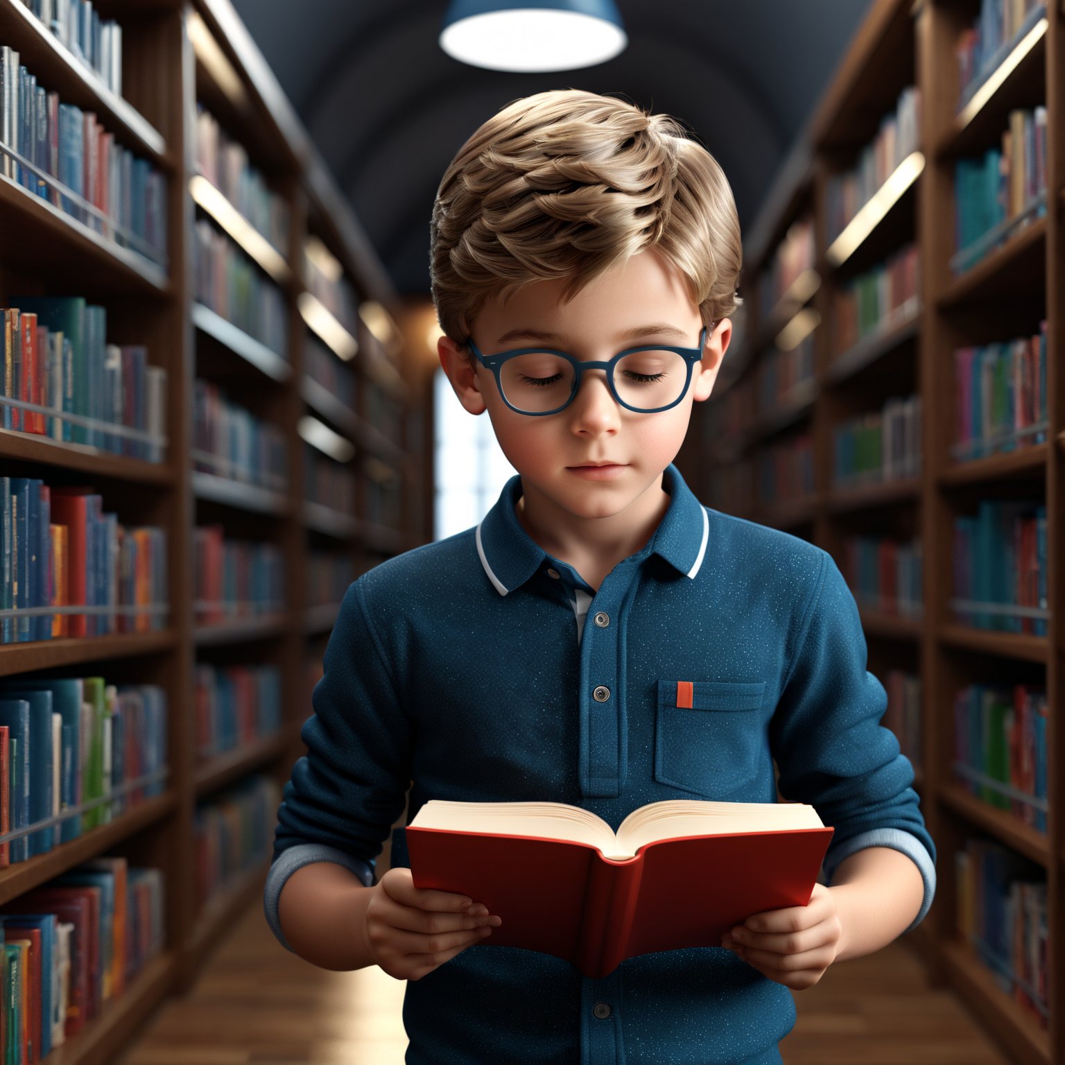 3d render boy reading in library photorealistic on Tensor.Art