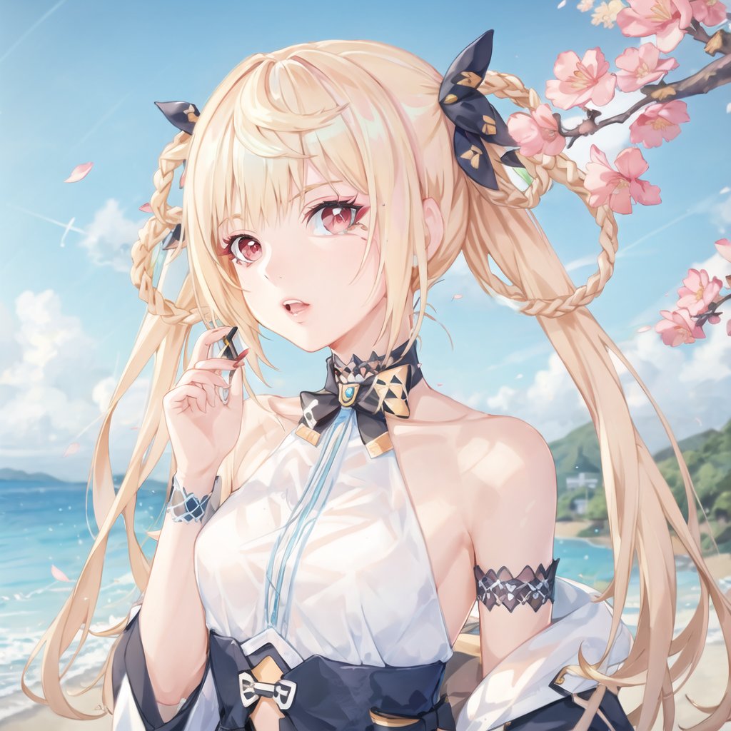 ray tracing, {best quality}, {{masterpiece}}, {highres}, original, extremely detailed 8K wallpaper, {an extremely delicate and beautiful}, extremely detailed CG unity 8k wallpaper, beachday, outdoorsdetailed background, Cherry blossoms, 1girl, standing, long hair, solo focus, looking at viewer, jewelry, choker, makeup, upper teeth only, eyeshadow,ink eyeshadow, eyelashes, collarbone, (ribs:1.2), 1beautiful and detailed girl, (+++extremely delicate and beautiful face features+++), blonde hair, twintails, long hair, hair rings, hair ornament, braid, red eyes,atdan