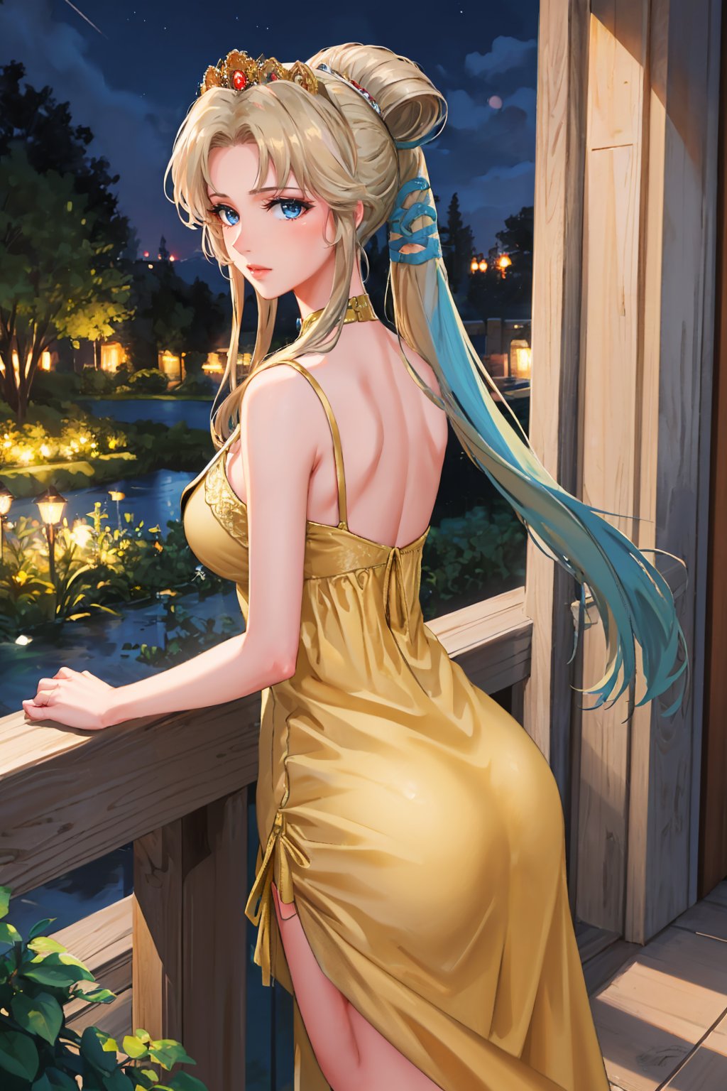 masterpiece, best quality,   <lora:nyna-nvwls-v1-000009:0.9> nyna, hair ribbon, crown, (yellow sundress:1.4), from behind, garden, night, large breasts