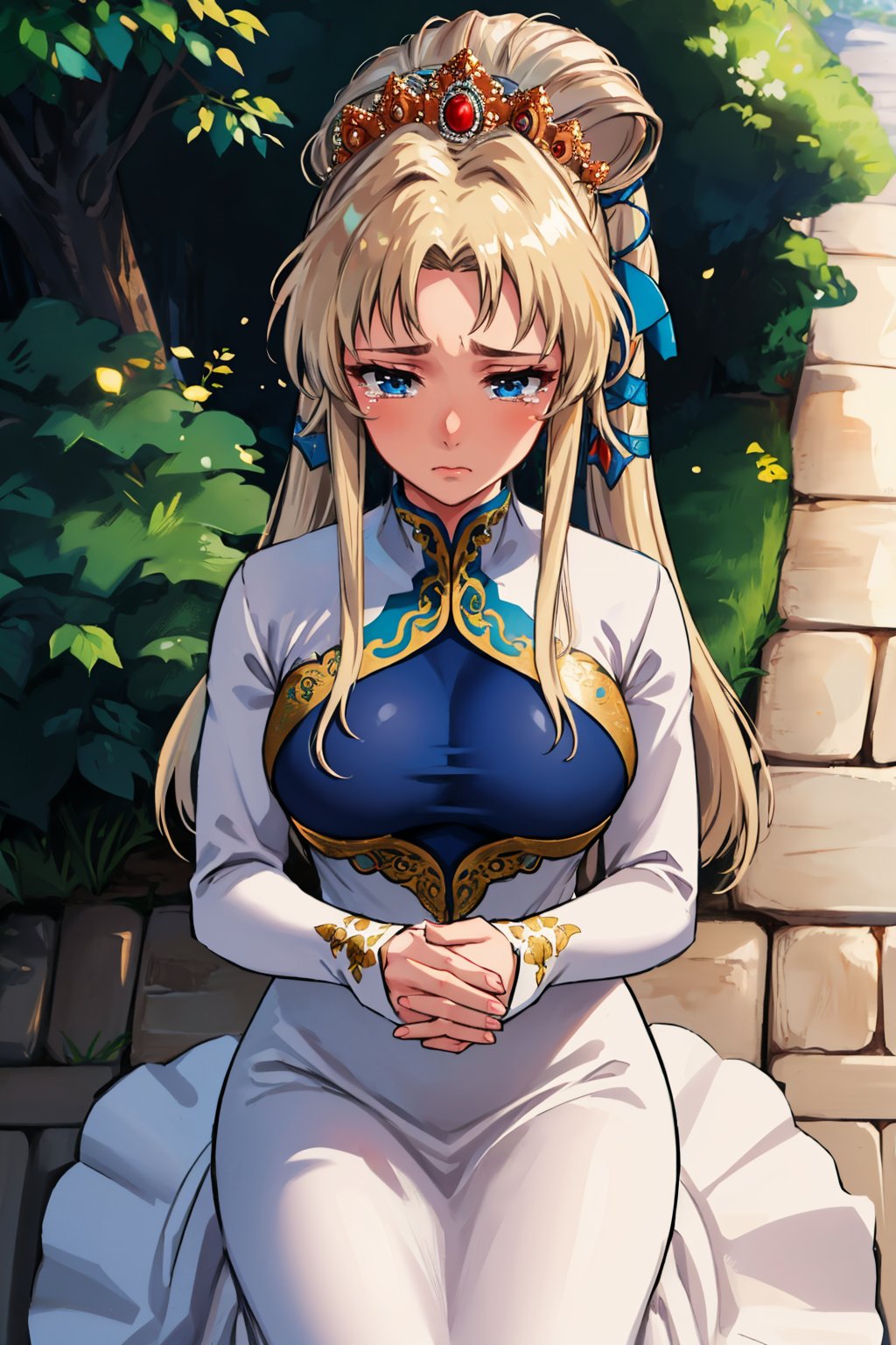 masterpiece, best quality,   <lora:nyna-nvwls-v1-000009:0.9> nyna, hair ribbon, crown, white dress, long dress, long sleeves, large breasts, kneeling, on ground, from above, tears in eyes, sad, looking at viewer