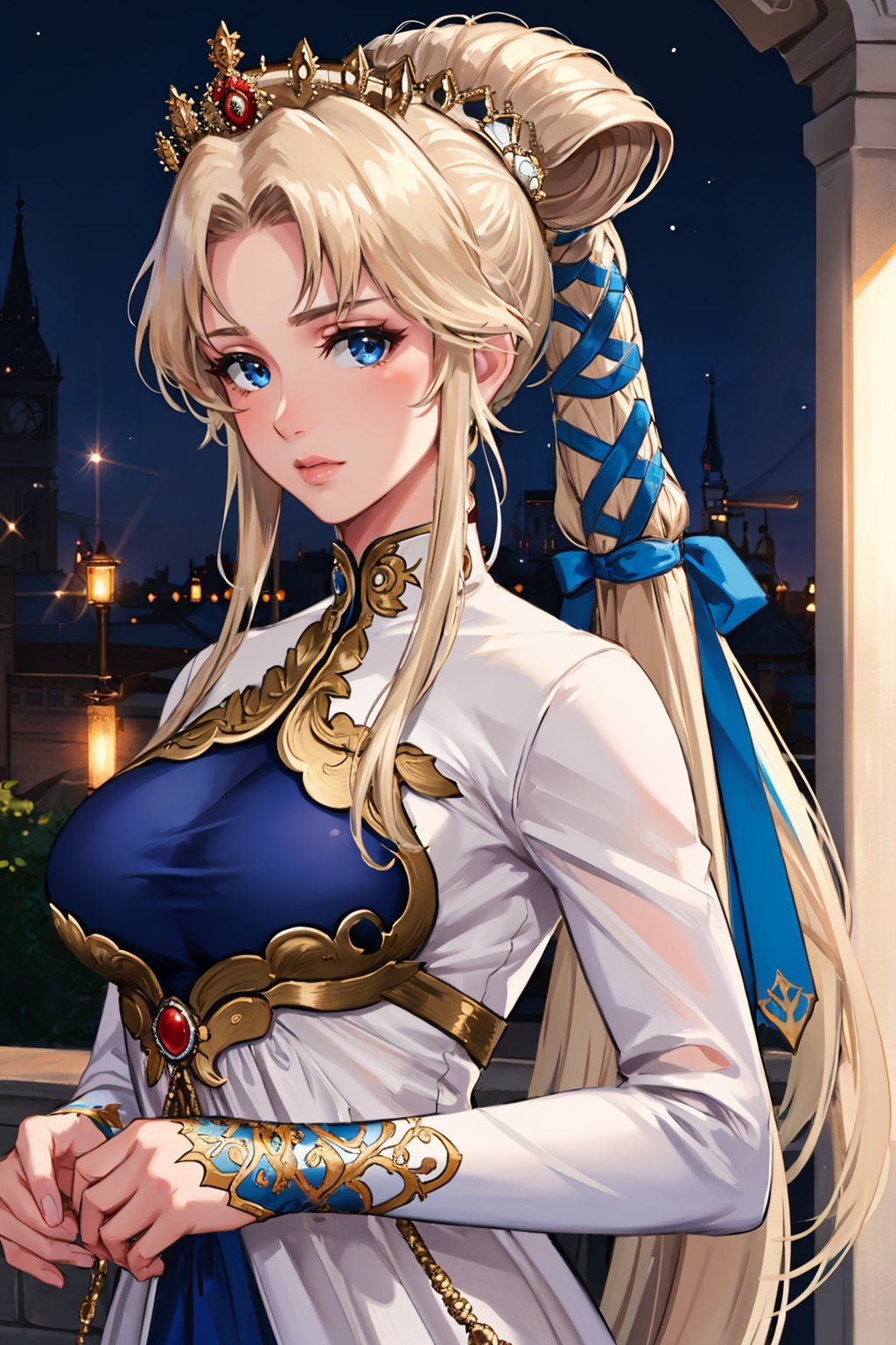 masterpiece, best quality,   <lora:nyna-nvwls-v1-000009:0.9> nyna, hair ribbon, crown, white dress, long dress, long sleeves, large breasts, upper body, medieval architecture, night, looking at viewer