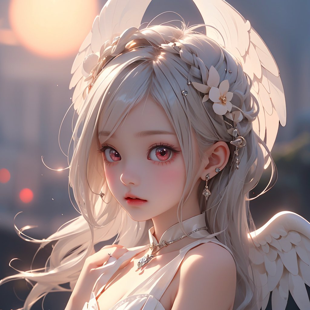 (rising sun background:1.3), (kawaii, tiny angel girl, emo girl, fluffy dress, silver hair, angel ring, red eyes, Flying, looking at viewer:1.2)