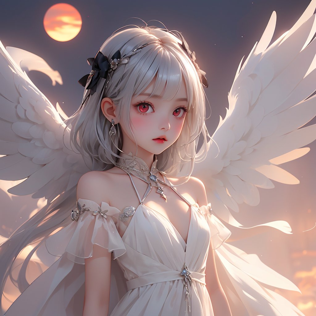 (rising sun background:1.3), (kawaii, tiny angel girl, emo girl, fluffy dress, silver hair, angel ring, red eyes, Flying, looking at viewer:1.2)