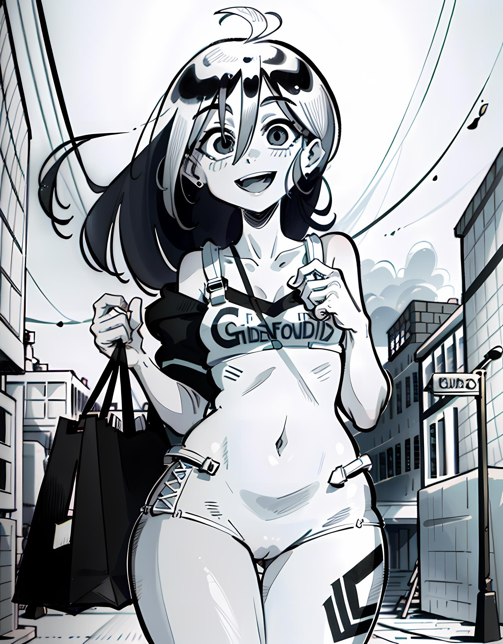 1gir, dress, long hair, smile, shopping bag, (wide hips, small breast, curvy:1.2), (very happy, smile:1), looking at viewer, (from above:1), leaning forward,, monochrome, greyscale, ink, white background,(masterpiece:1.2), (best quality, highest quality), (ultra detailed), (8k, 4k, intricate), (Cowboy shot:1.2), (50mm), (highly detailed:1.2),(detailed face:1.2), detailed_eyes,(gradients),(ambient light:1.3),(cinematic composition:1),Accent Lighting,extremely detailed,original, highres,(perfect_anatomy:1.2),<lora:InkToon_style-20V2:1>