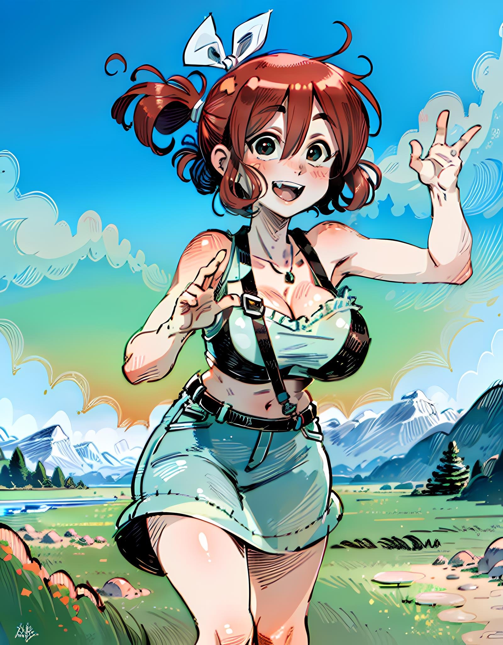 1gir ridding a motorcycle, dress, long hair, smile, cute girl, hair ribbon, sundress, (wide hips, big breast, curvy:1.2), (very happy, smile:1), looking at viewer, (from above:1), leaning forward, (train:1.2), flat color, ink, white background, (valley, hills, grass, vegetation, wind, clouds:1), (dynamic_angle:1), (dynamic_pose:1.2),(masterpiece:1.2), (best quality, highest quality), (ultra detailed), (8k, 4k, intricate), (Cowboy shot:1.2), (50mm), (highly detailed:1.2),(detailed face:1.2), detailed_eyes,(gradients),(ambient light:1.3),(cinematic composition:1),Accent Lighting,extremely detailed,original, highres,(perfect_anatomy:1.2), sfw,<lora:InkToon_style-20V2:1>