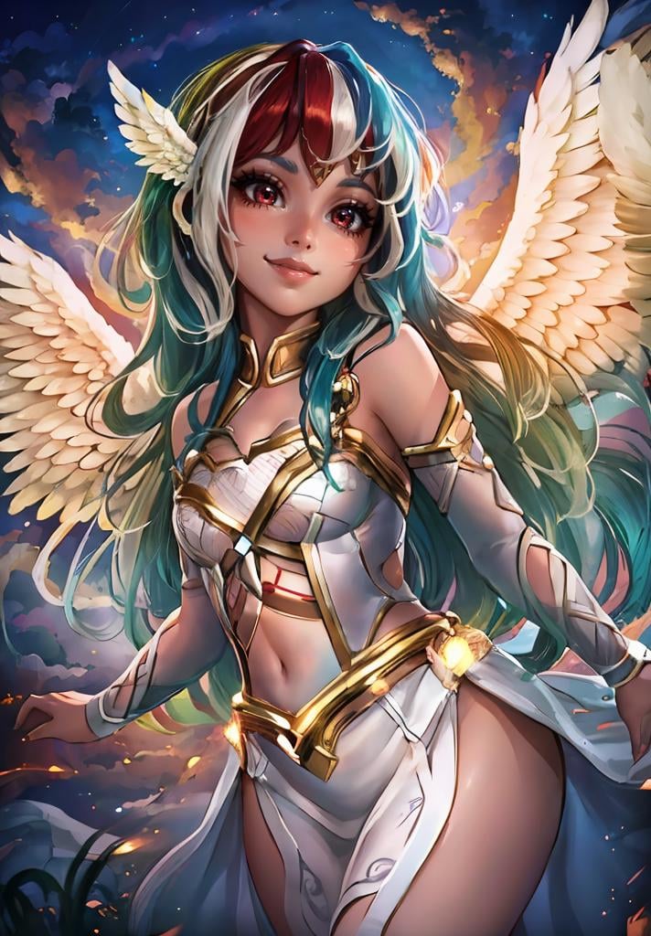 1girl, smile, curvy, from below, (multicolored hair, angel, wings, red eyes, nervous smile), sky and clouds, white short dress, fantasy,(detailed background),(dynamic angle),(cowboy shot:1.2),(masterpiece:1.2), (best quality, highest quality), (ultra detailed), (8k, 4k, intricate), 