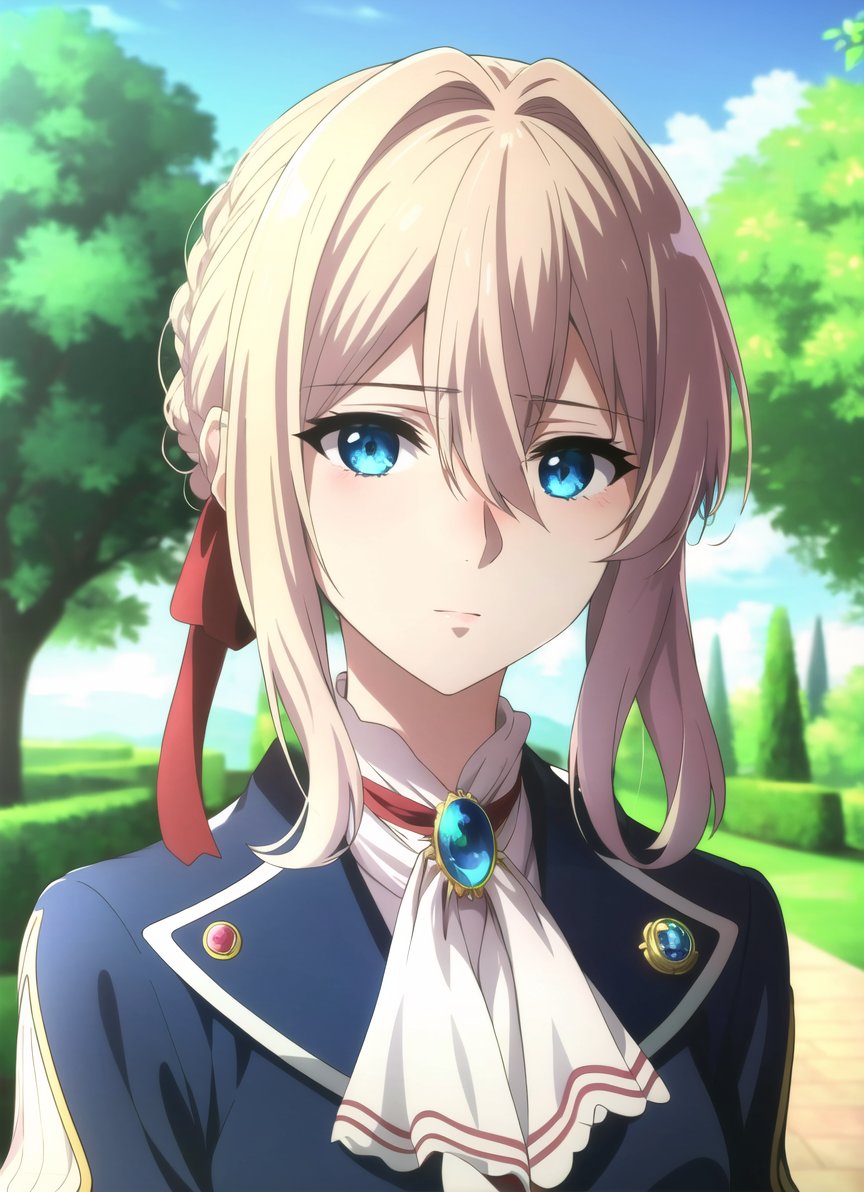 violet evergarden <lora:violet_evergarden_offset:1>, masterpiece, best quality, 1girl, solo, blonde hair, blue eyes, hair between eyes, looking at viewer, ribbon, red ribbon, braid, hair ribbon, jacket, blue jacket, jewelry, bangs, outdoors, brooch, hair intakes, anime coloring, ascot, blurry background, blurry, white ascot, tree, closed mouth, portrait, daygrass