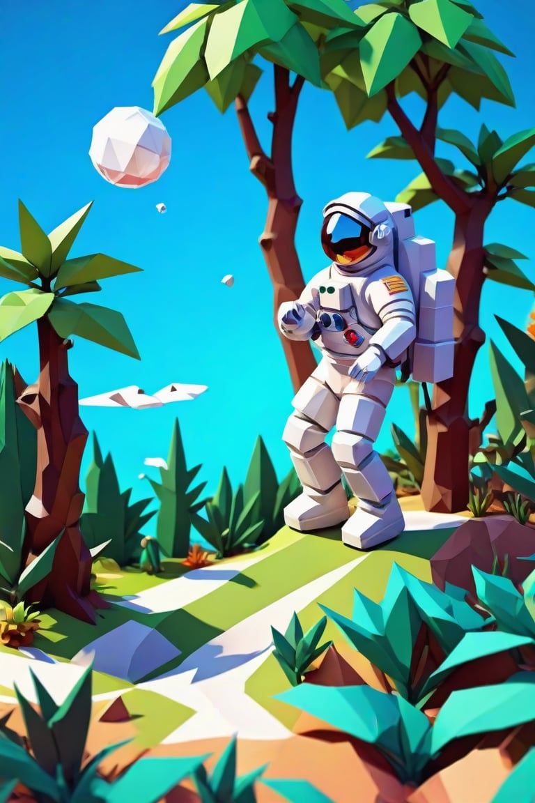 (((low poly art:2))), (close-up), (astronaut), ultra detailed illustration of an environment on a dangerous, exotic planet with plants and wild (animals:1.5), (vast open world), astroneer inspired, highest quality, no lines, no outlines. by Lekrot,<lora:659095807385103906:1.0>