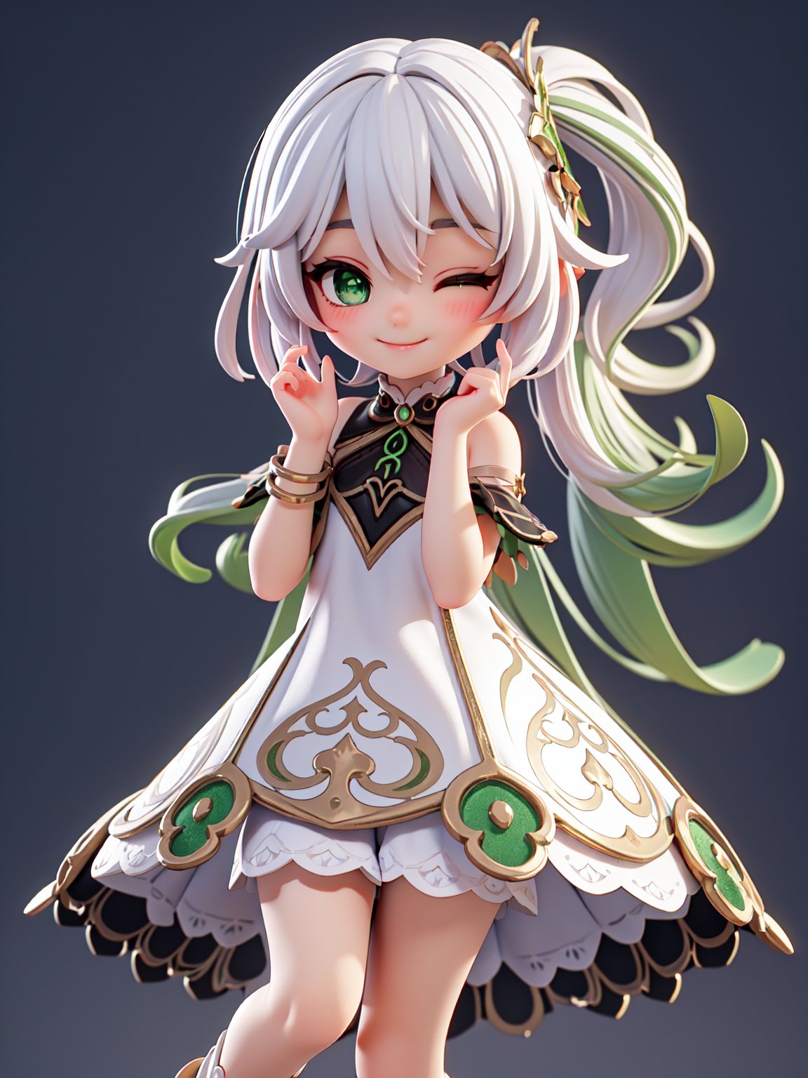 nahida \(genshin impact\), chibi, 3d, render, pvc, (right ponitail), green eyes, one eye closed, smile, high lights, light aura, best quality, masterpiece, a very delicate and beautiful, (one little and cute girl at the center:1.2), (solo:1.3), outdoors