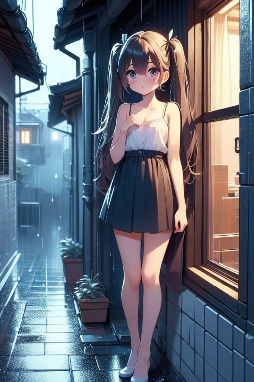 (((masterpiece))),  (((best quality))),  (((full body))),  (((2girl))),  (((side viewer girl standing on night alley at outdoors))),  ((wearing camisole)),  ((looking inside window)),  petite figure proportion,  white tile wall,  surprise,  curious,  ribbon,  twintails,  big tits,  raining,<lora:EMS-260057-EMS:1.000000>