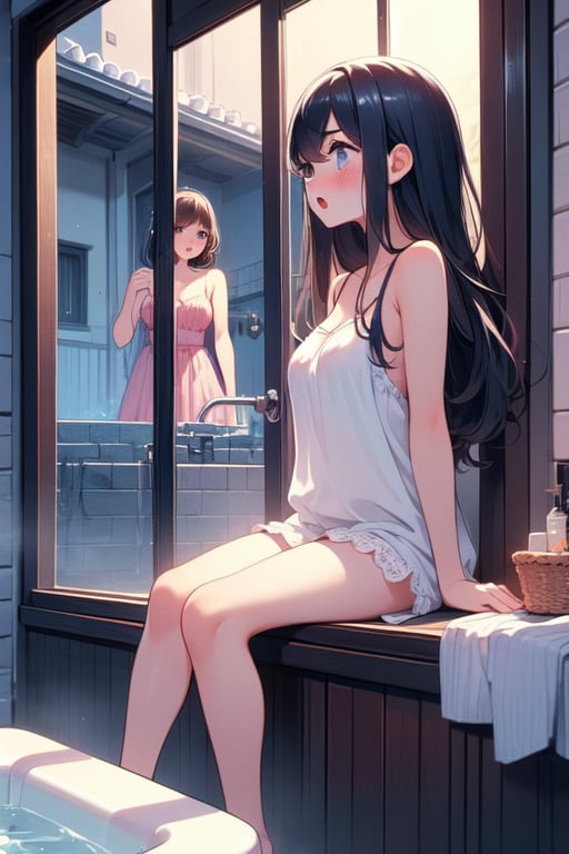 (((masterpiece))),  (((best quality))),  (((full body))),  (((2girl))),  (((1girl standing on outside window at outdoors with wearing camisole))),  (((looking inside window with side view girl is grace sitting on large tub at indoors))),  (((topless))),  naked,  nude,  shower,  bathroom,  surprise,  blush,  shy,  open mouth,  curious,  ribbon,  ((big tits)),  wet longhair,  2girls,  3girls,  night alley,<lora:EMS-260057-EMS:1.000000>