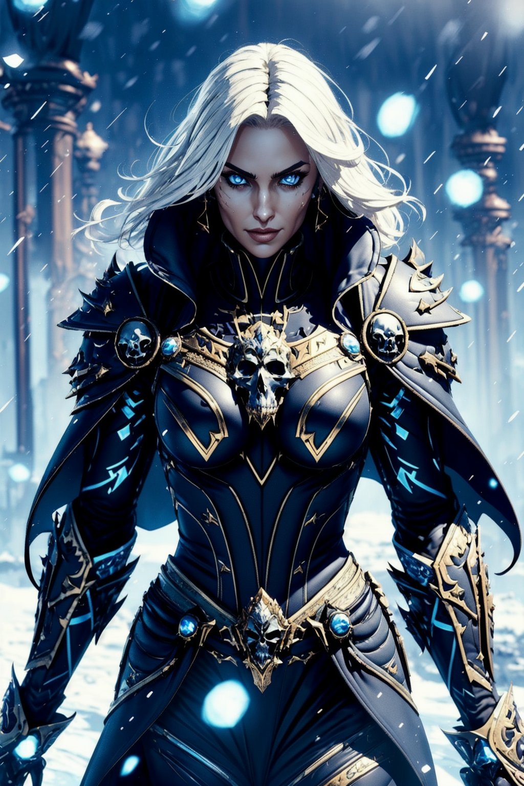 1girl, cowboy shot of beautiful wowdk, hands on hips, glowing blue eyes, skull armor, fur trim, pauldrons, black cape, long white hair, snow, ice, night, citadel, athletic, volumetric lighting, best quality, masterpiece, realistic, More Detail,orcaeffectKA,wowdk