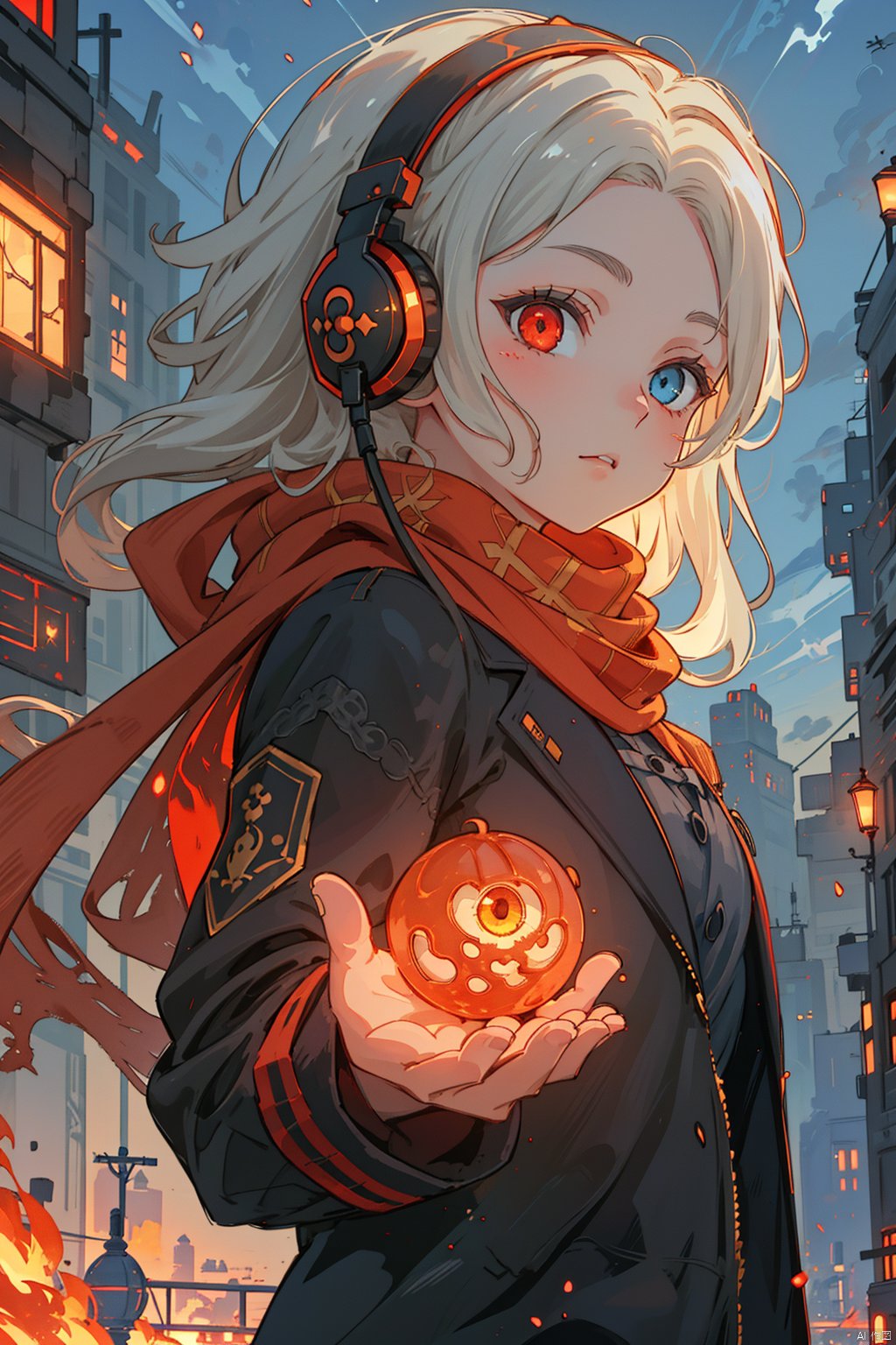  1girl, black_jacket, cityscape, grey_eyes, grey_hair, hair_ornament, headgear, headphones, heterochromia, jacket, long_sleeves, red_eyes, red_scarf, scarf, solo, (\shen ming shao nv\), (\huo yan shao nv\)