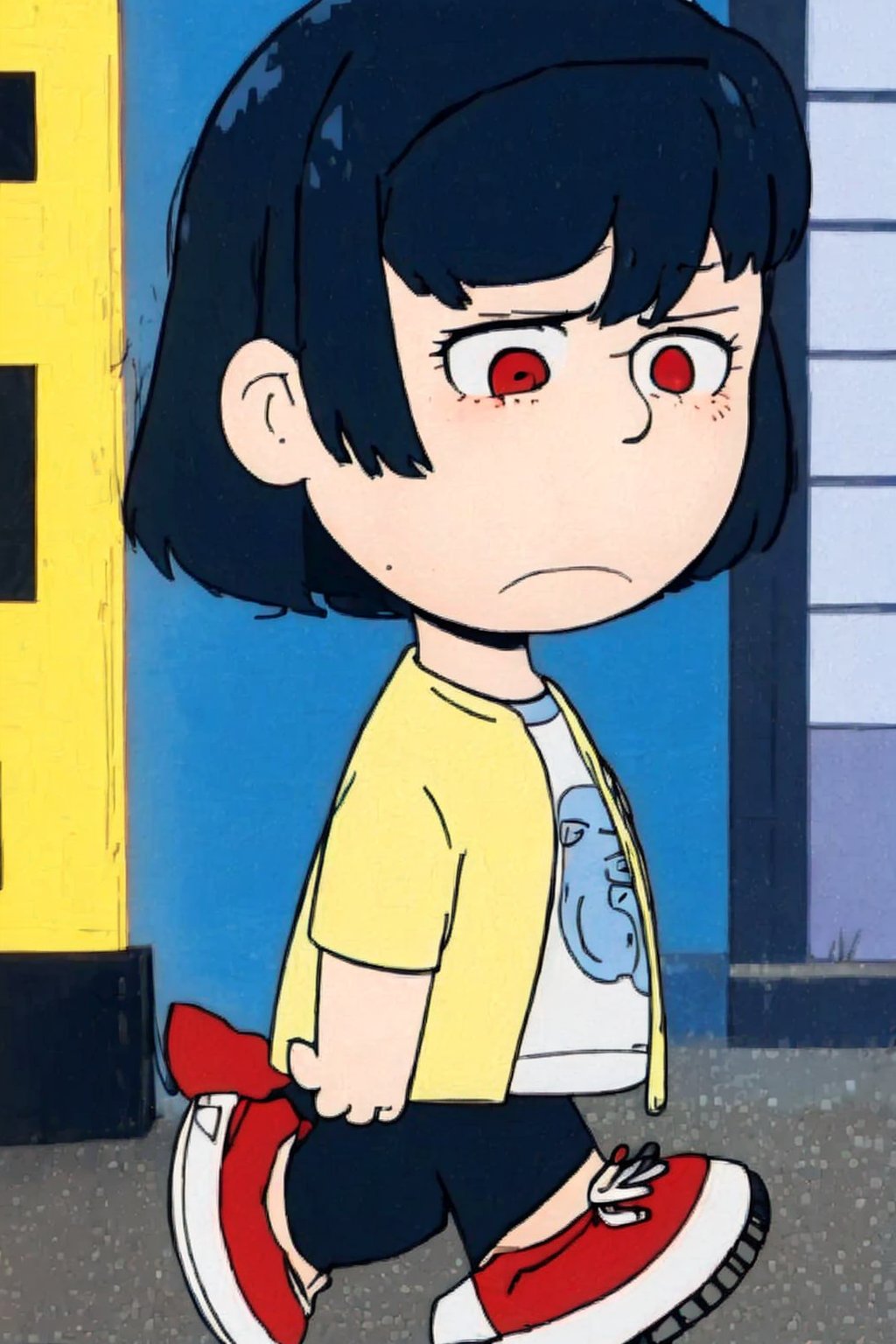 1girl, black hair, red eyes, bangs, sad, shirt, walking, street, upper body ,chibi