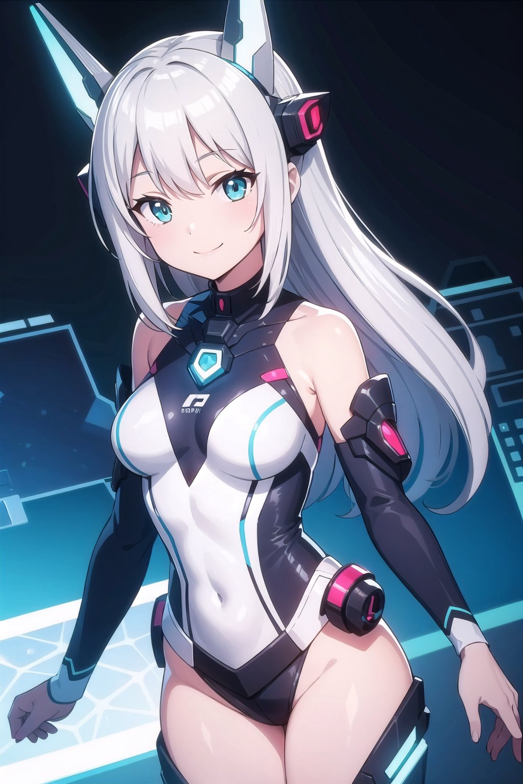 (masterpiece),  (science fiction:1.2),  1girl,  smile,  silver hair,  aqua eyes,  headgear,  long sleeves,  detached sleeves