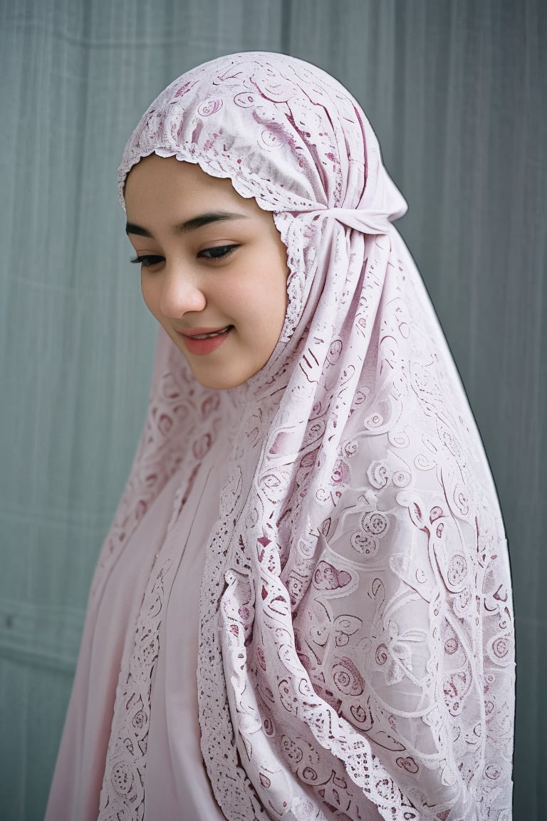 (mukena), 1 girl, 25 year, smile, using a PRAYER HIJAB frilly, white background, real_life, from_behind_view