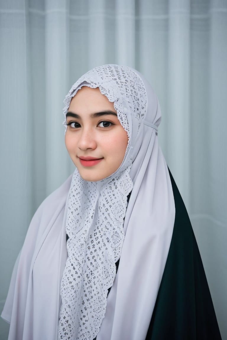 (mukena), 1 girl, 25 year, smile, using a PRAYER HIJAB frilly, white background, real_life, from_behind_view, back_to_camera