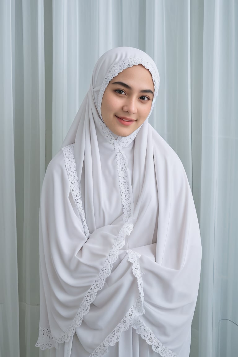 (mukena), 1 girl, 25 year, smile, using a PRAYER HIJAB frilly, white background, real_life, from_behind_view