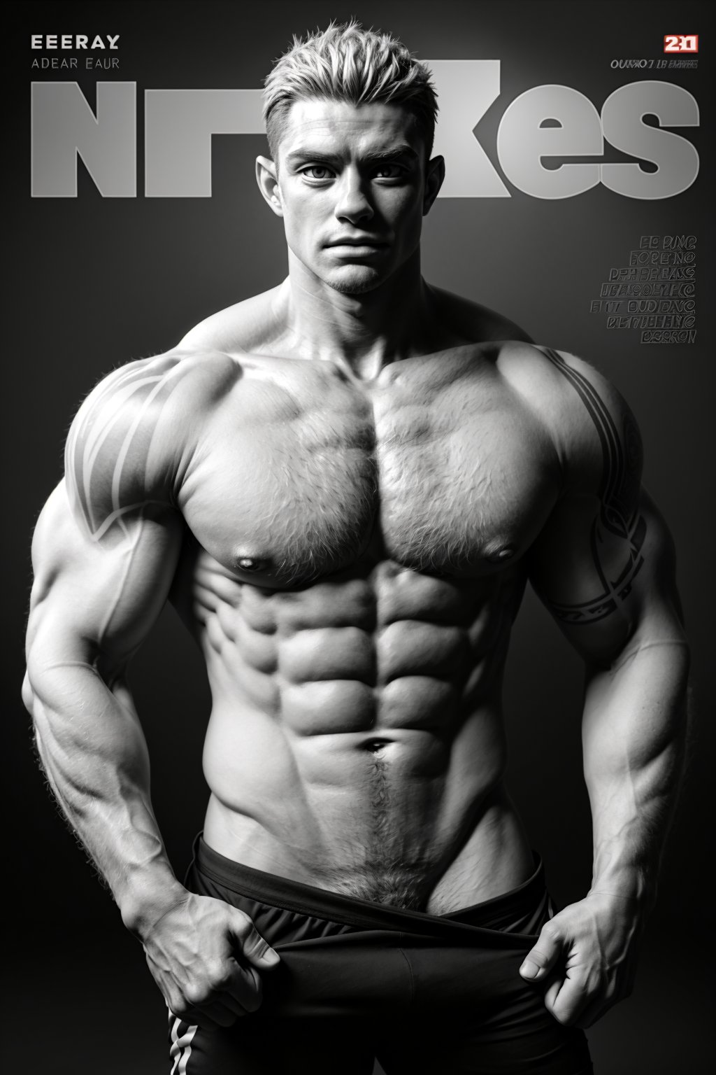 porco_galliard, solo, looking at viewer, short hair, 1boy, nipples, monochrome, upper body, male focus, muscular, abs, undressing, pectorals, muscular male, bara, large pectorals, (hairy chest), cover of a fitness magazine, arm tattoo