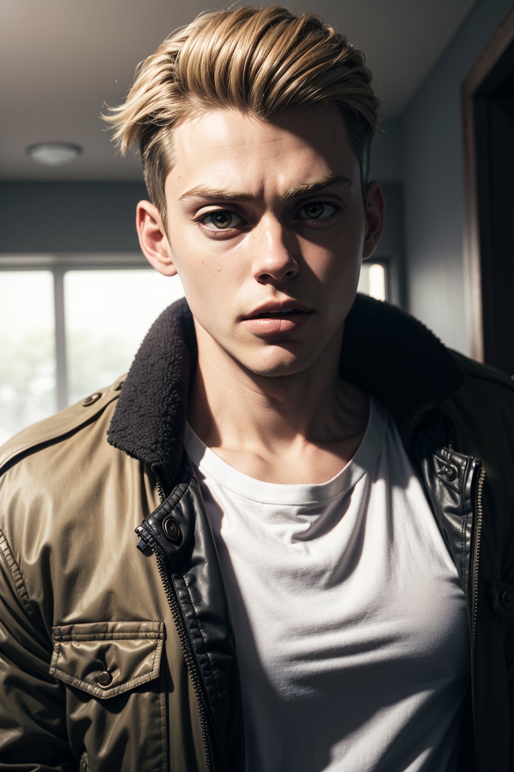 porco_galliard, solo, looking at viewer, short hair, blonde hair, brown hair, shirt, 1boy, jacket, white shirt, upper body, male focus, Bill Skarsgard, undercut