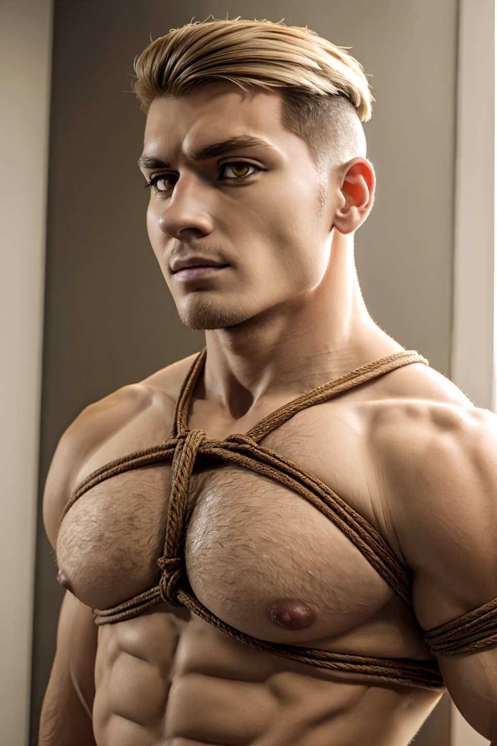 porco_galliard (undercut), (hazel eyes:1.4), fit body, nude, chest muscle, manly, bulky, charming, alluring, erotic, sexy, shy, slight blush (upper body in frame), simple background, perfect anatomy, perfect proportions, perfect perspective, 8k, HQ, (best quality:1.5, hyperrealistic:1.5, photorealistic:1.4, madly detailed CG unity 8k wallpaper:1.5, masterpiece:1.3, madly detailed photo:1.2), (hyper-realistic lifelike texture:1.4, realistic eyes:1.2), picture-perfect face, detailed eyes, realistic, HD, UHD, muscular chest, POV, (hairy chest:1.24), ((medium_breast_bondage, body bondage))