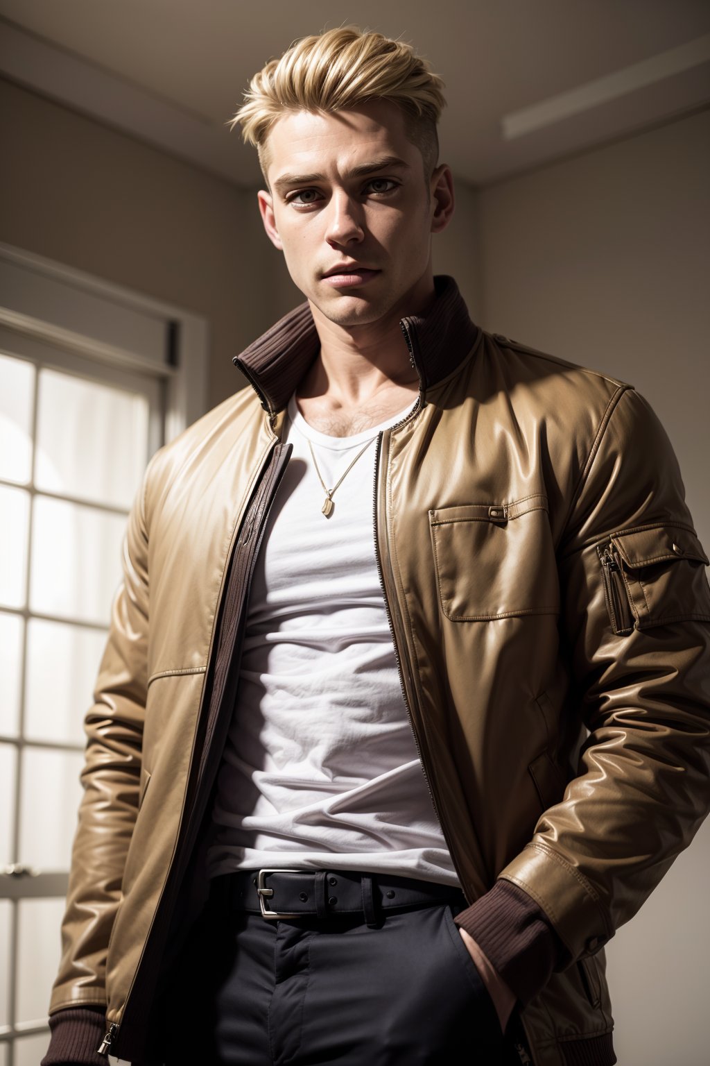 porco_galliard, solo, looking at viewer, short hair, blonde hair, brown hair, shirt, 1boy, jacket, white shirt, upper body, male focus, chest hair