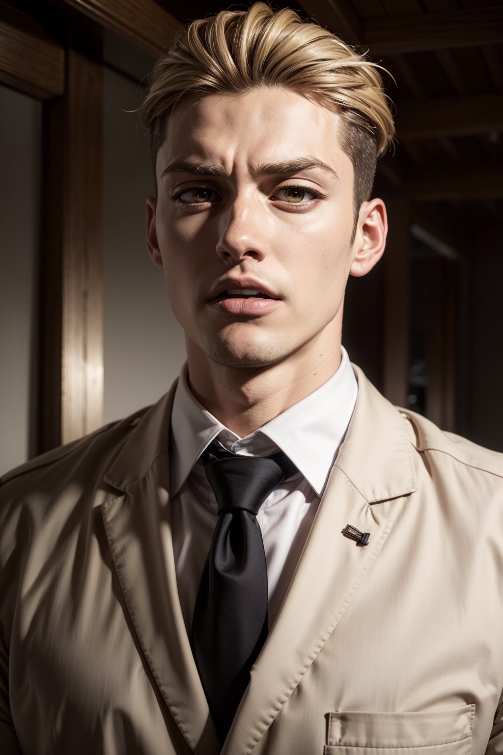 porco_galliard, solo, short hair, blonde hair, brown hair, shirt, 1boy, brown eyes, closed mouth, jacket, white shirt, male focus, necktie, collared shirt, formal, black necktie, undercut