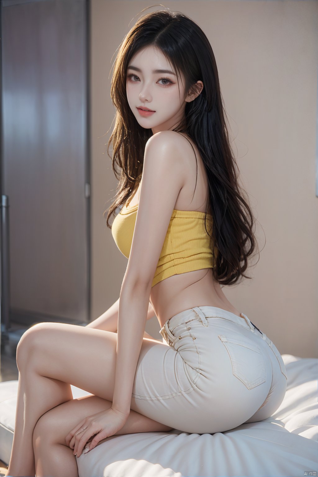  1girl, best quality,highly detailed,masterpiece,ultra-detailed,illustration, tight jeans, silver hair,long and slender legs, sexy buttocks,in the style of realistic renderings of the human form, beige and yellow, elegant subjects,((((full_body)))),(((Clean background))), Sweetheart