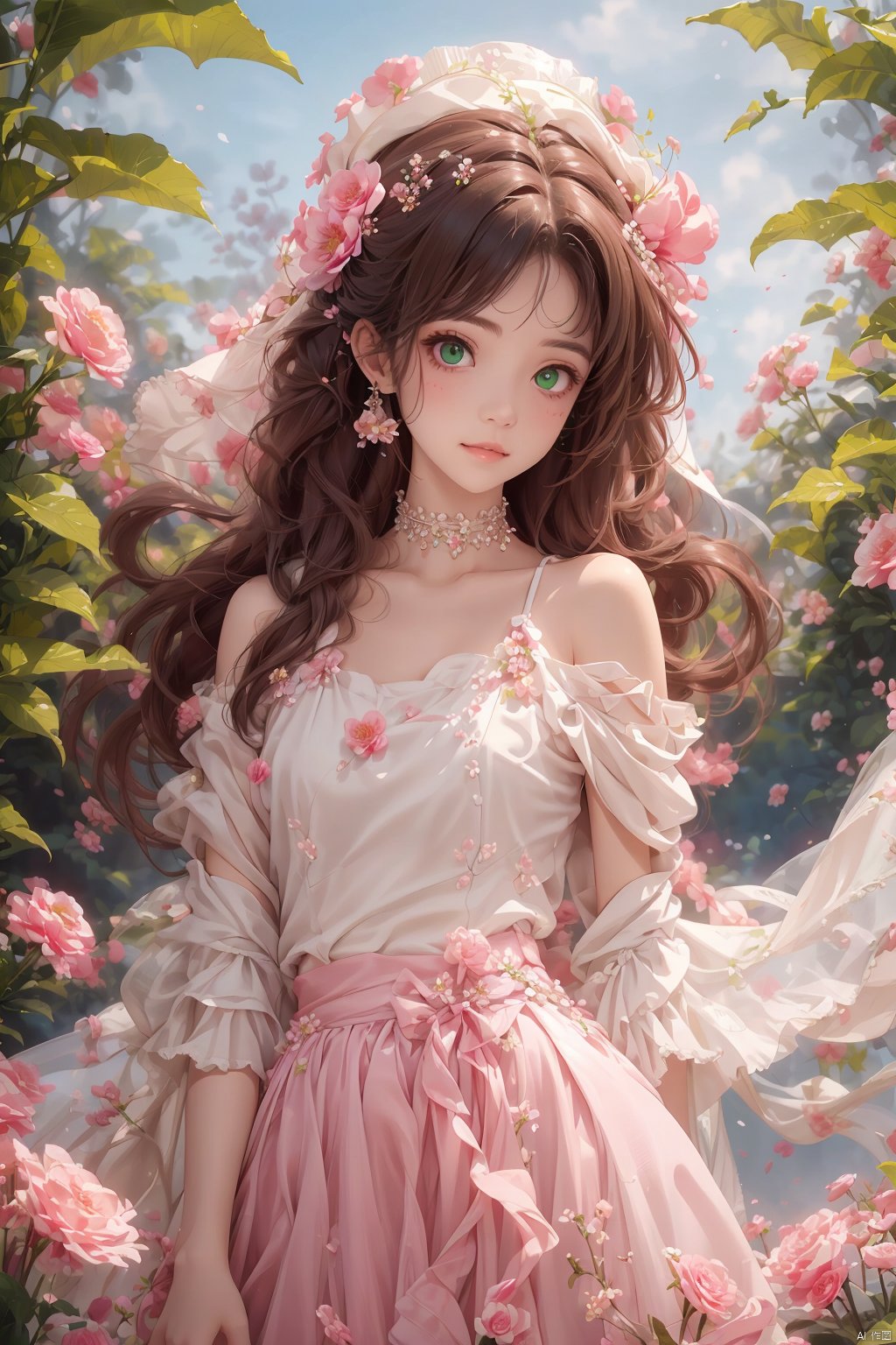  A girl,silk,cocoon,spider web,Solo,Complex Details,Color Differences,Realistic,(Moderate Breath),Off Shoulder,Eightfold Goddess,Pink Long Hair,White Headwear,Hair Above One Eye,Green Eyes,Earrings,Sharp Eyes,Perfect Fit,Choker,Dim Lights,cocoon,transparent,jiBeauty,1girl,flowers,mtianmei,Look at the camera.,flowing skirts,Giant flowers,, pld