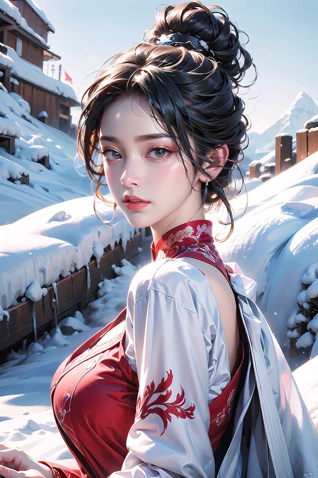 Best quality,  ultra-high resolution,  (photo realism: 1.4),  1 girl,  (shoulder length shirt: 1.2),  embroidered lace craftsmanship,  red and black,  enticing posture,  separated sleeves,  snowy mountain background,  plump,  big breasts,  messy bun,  looking at the audience,  gentle lighting,<lora:EMS-260325-EMS:0.700000>