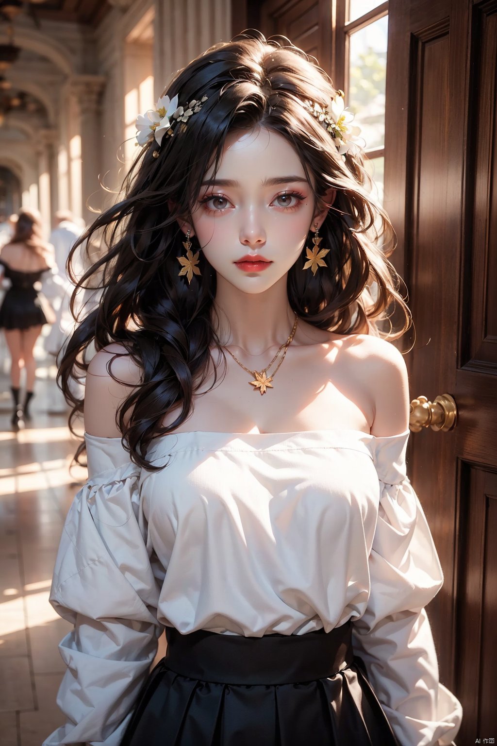 1 girl, jewelry, solo, earrings, long hair, forehead markings, black hair, necklace, bare shoulders, flowers, red lips, hair flowers, upper body, skirt, off shoulder, facial markings, head down, makeup, lips, candles, collarbones, long sleeves, tears streaming down, crying, Tyndall effect, 8k, large aperture, masterpiece of the century, sit, maple leaf, doorway, corridor, Sun on face<lora:EMS-260325-EMS:0.600000>