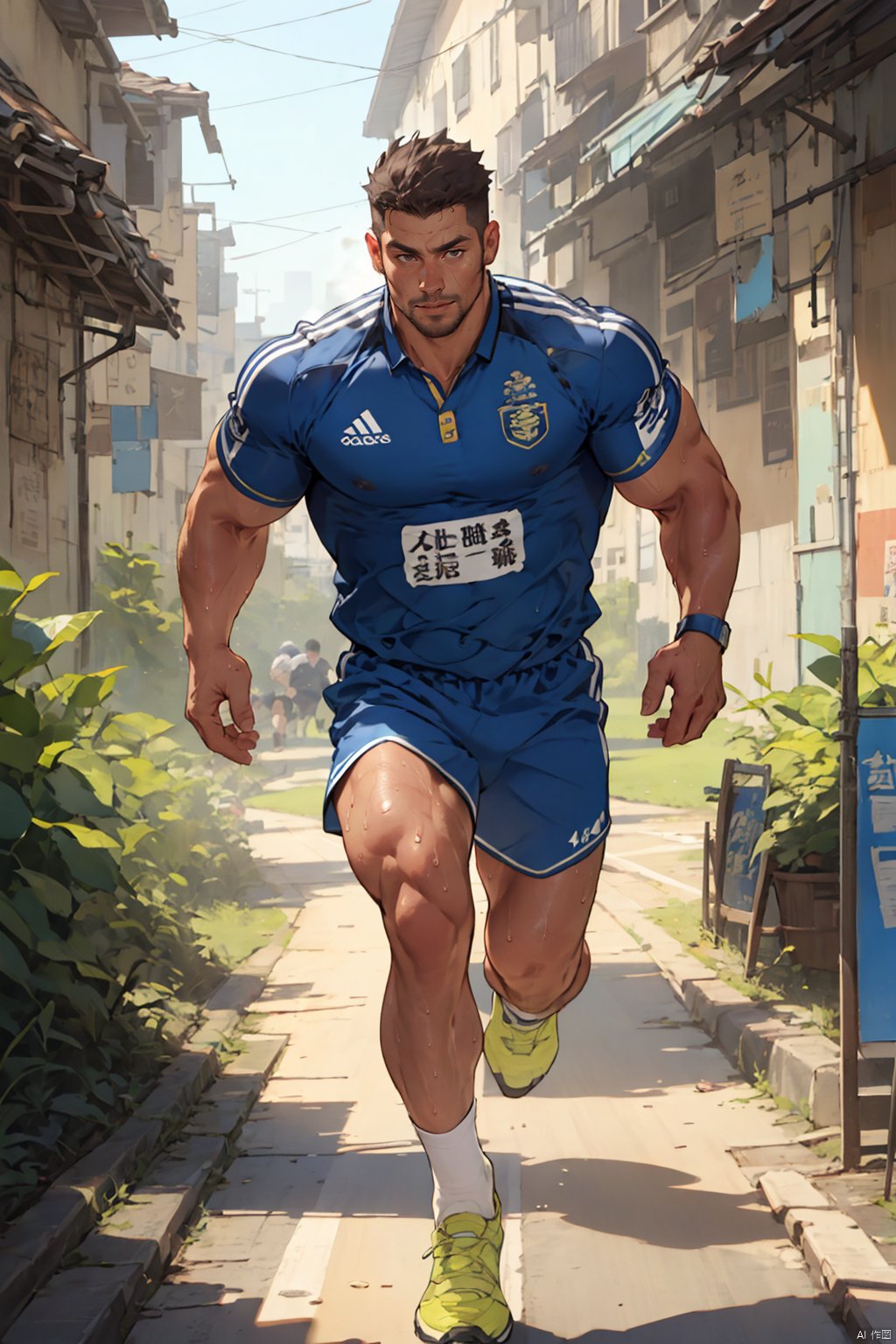 best quality, amazing quality, very aesthetic, absurdres, 1man, muscular male, in station, marathon uniform, sweat, busy, open clothes, chest hair, full body, bare pectorals, running