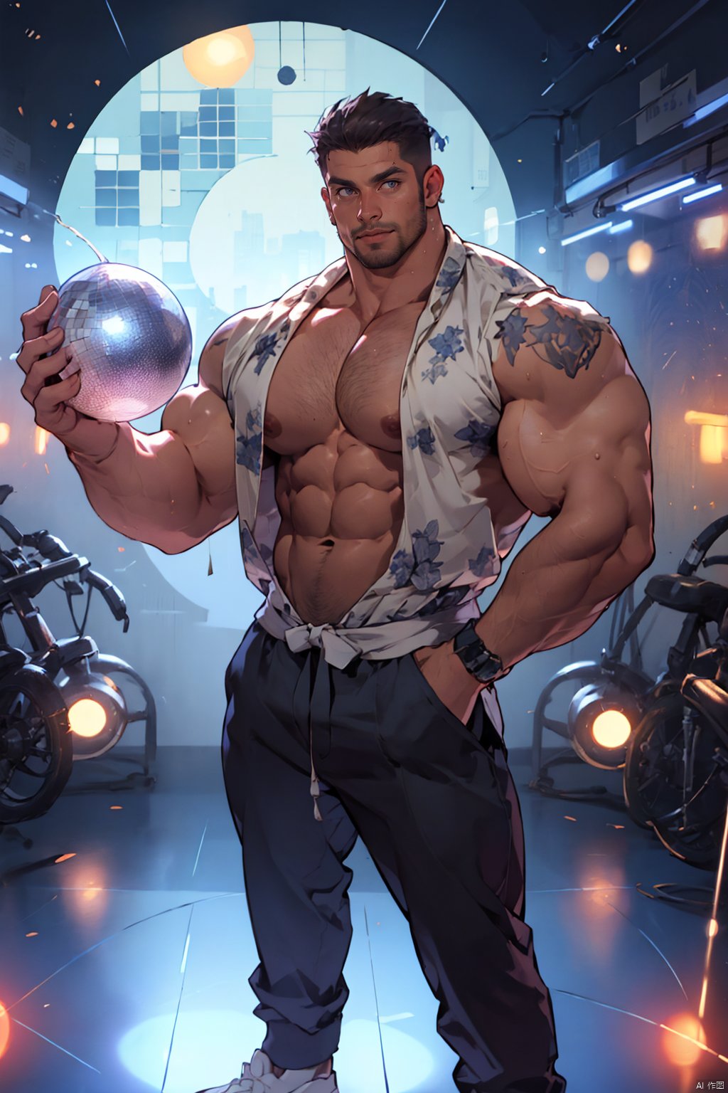 best quality, amazing quality, very aesthetic, absurdres,1man,solo,mature male,bodybuilder,muscular male,looking at viewer, stubble, standing,disco ball,