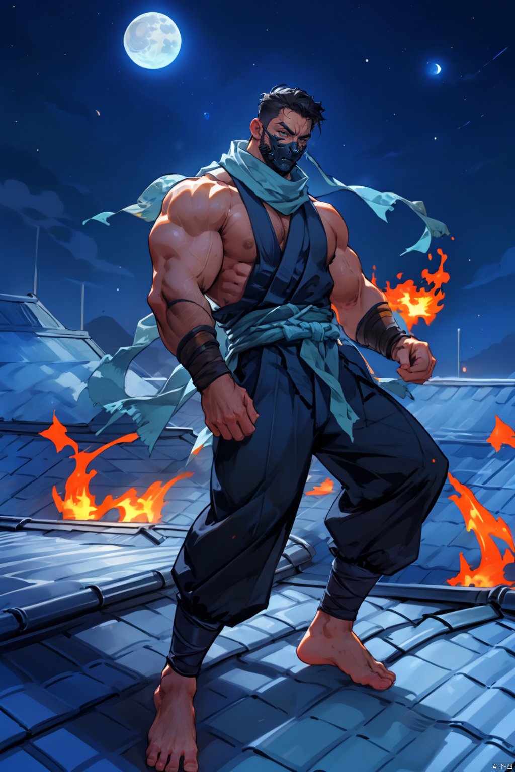 best quality, amazing quality, very aesthetic, absurdres, 1guy, male focus, a ninja fighting on rooftop, bara, full body, stubble, mature male, muscular male, barefoot, night, moon, foot wraps, buzz cut, kote , mouth mask , scarf , mist, blue fire