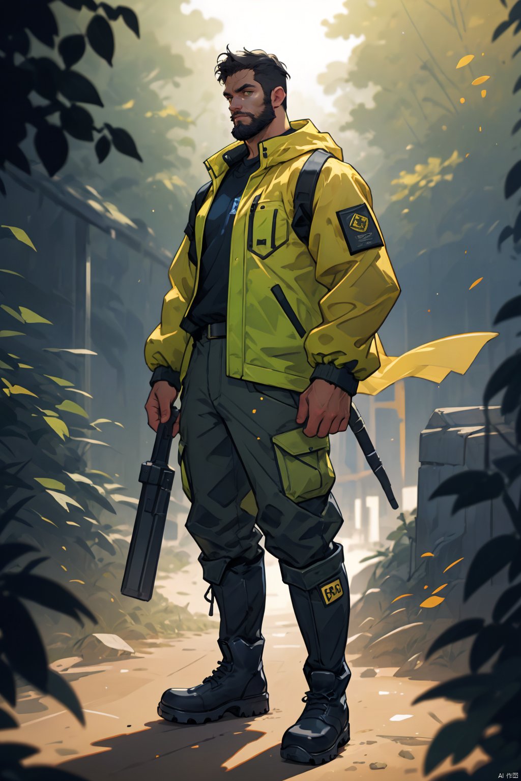 masterpiece, best quality, highres, 4k, 1man, a man in a yellow hi-vis jacket standing with a beard and rubber boots Artur Grottger, tech wear, a character portrait, arbeitsrat fr kunst, techwear, workgear, muscular, volume light, depth of field