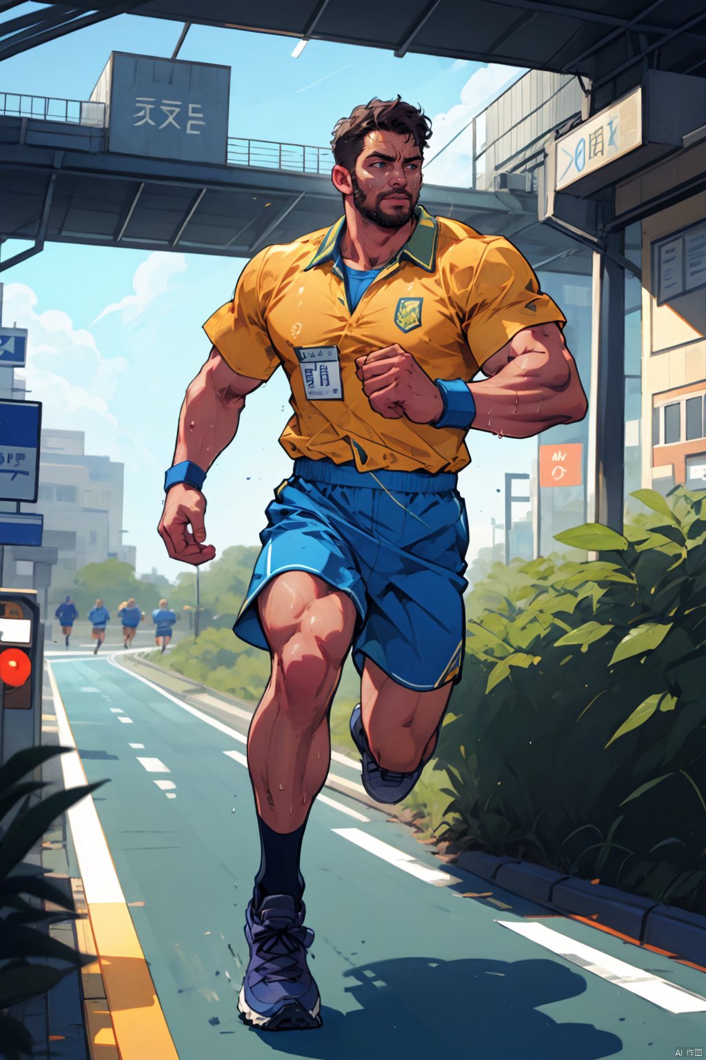 best quality, amazing quality, very aesthetic, absurdres, 1man, muscular male, in station, marathon uniform, sweat, busy, open clothes, chest hair, full body, bare pectorals, running,