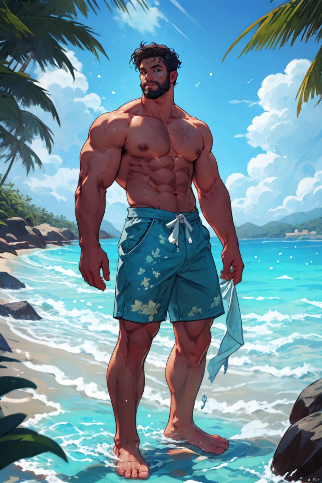 best quality, amazing quality, very aesthetic, absurdres, 1man, solo, muscular male, topless male, full body, barefoot, beach, looking at viewer, beard, standing, obverse side, thick thighs, wading