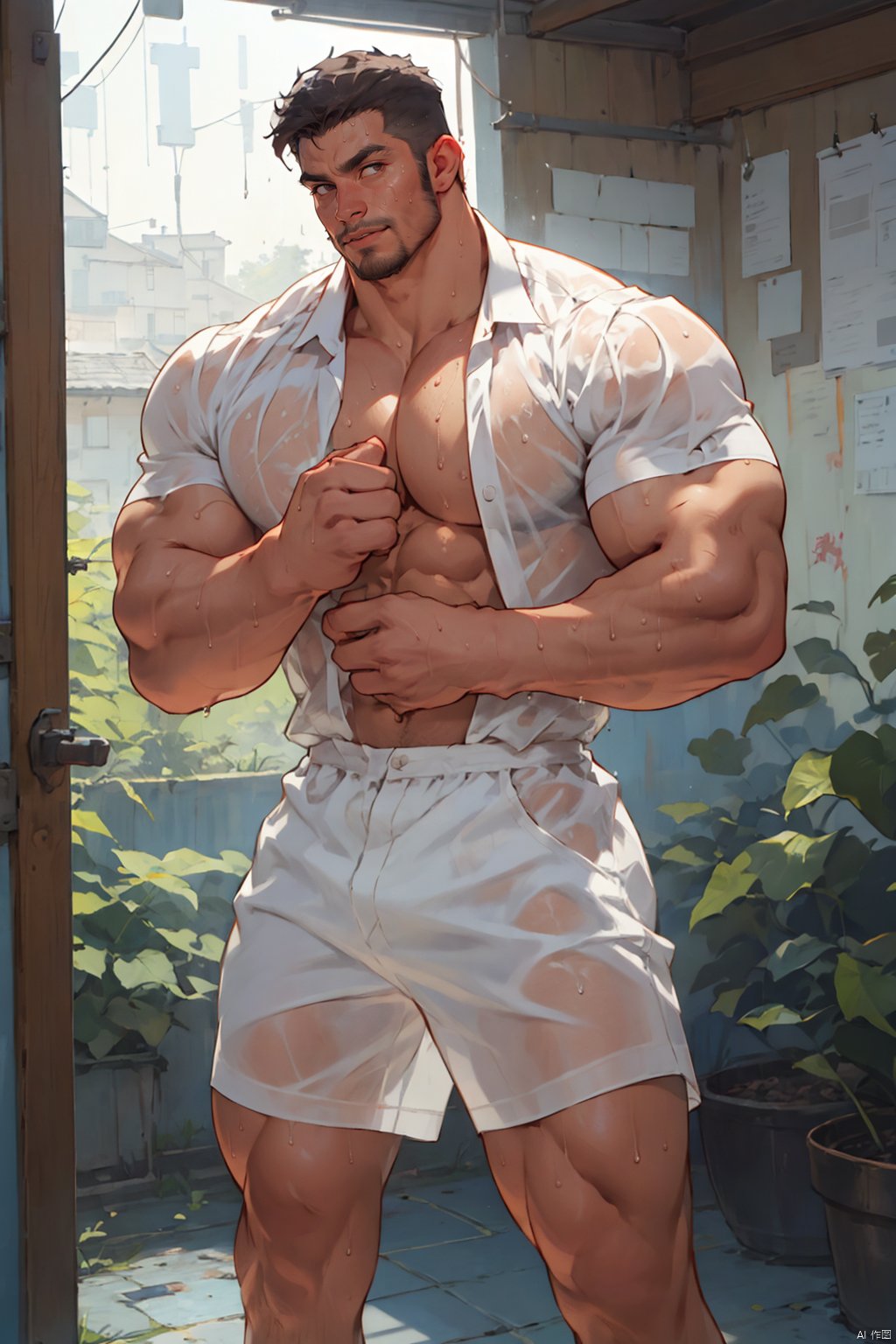  best quality, amazing quality, very aesthetic, absurdres, Best quality, masterpiece, ultra high res, detailed background, game_cg, muscular male, mature male, male focus, bara, bara daddy, facial_hair, thick thighs, thick arms, Wearing a wet white shirt, translucent clothes, looking at viewer, sweat, There is a beautiful scenery outside the window, 