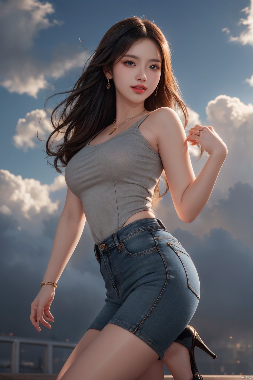 Realistic style,  a beautiful woman in jeans and high heels,  goddess fan,  colored hair,  smiling in the face of the audience,  art,  artist,  simple volume light background,  rotating clouds,  color art,  chibi, UHD HD,  exquisite details,  exquisite face,  exquisite hair.,<lora:EMS-260619-EMS:0.700000>