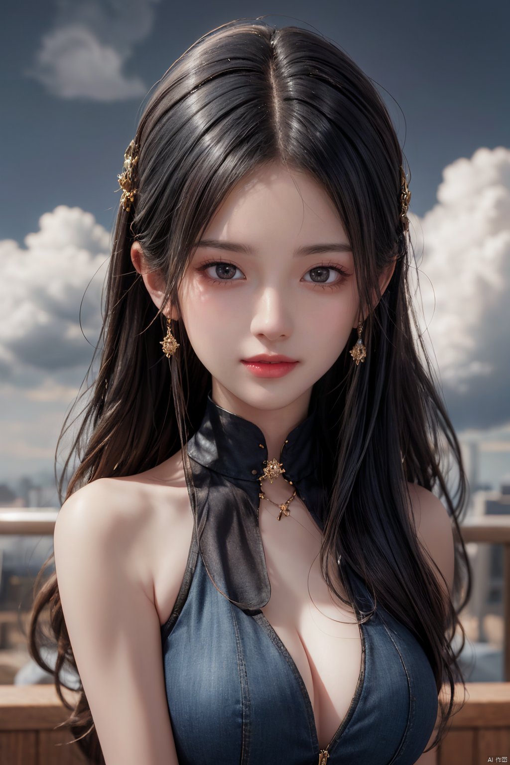 Realistic style,  a beautiful woman in jeans and high heels,  goddess fan,  colored hair,  smiling in the face of the audience,  art,  artist,  simple volume light background,  rotating clouds,  color art,  chibi, UHD HD,  exquisite details,  exquisite face,  exquisite hair.,<lora:EMS-260619-EMS:0.600000>