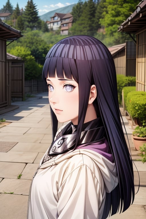 beautiful face,  gradient hair,  masterpiece,  beautiful face,  hinata (shippuden),  hooded jacket,  blue pants,  fishnets,  headband around neck,  looking at viewer,  floating hair,  beautiful girl,  absurd,  whole body profile,  outdoor,  village, ChopioHinata, hinata\(shippuden\), hyuuga_hinata, hinata (shippuden), Hinata, long hair, hooded jacket,  , hinata(boruto),<lora:EMS-262192-EMS:1.000000>,<lora:EMS-61290-EMS:0.800000>,<lora:EMS-93-EMS:1.000000>