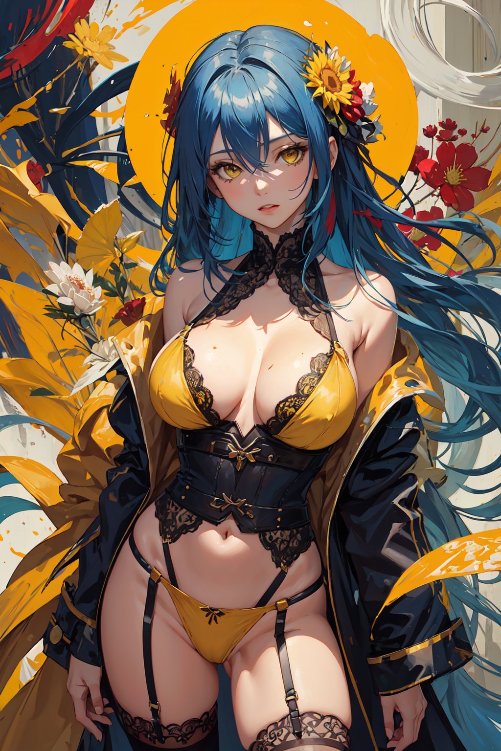 1girl, solo, Lacy robe:1.4, thighhighs, garterbelt, large firm breasts, (upper body), long hair, (phthalo blue hair), sidelocks, hair between eyes, (abstract), (flowers), (flower), leaves, (yellow ochre eyes), (contrapposto:1.2)